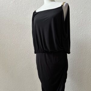 Miss Tina dress XXL 20 Alluring cold shoulder Black stretchy Midi EUC